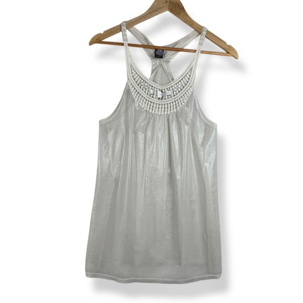 Free People Metallic Crochet Beaded Tank Top Womens Size Large Glam Shimmer
